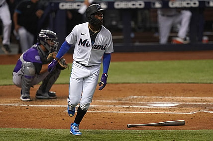 Jun 10, 2021; Miami, Florida, USA; Miami Marlins shortstop Jazz Chisholm Jr. (2) rounds the bases after hitting a three-run homerun in the 2nd inning against the Colorado Rockies at loanDepot park. Mandatory Credit: Jasen Vinlove-USA TODAY Sports