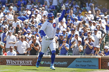 Jun 11, 2021; Chicago, Illinois, USA; Chicago Cubs left fielder Joc Pederson (24) celebrates after hitting a solo home run against the St. Louis Cardinals during the fourth inning at Wrigley Field. Mandatory Credit: Kamil Krzaczynski-USA TODAY Sports