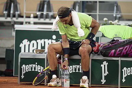 Jun 11, 2021; Paris, France; Rafael Nadal (ESP) during a change of ends during his semifinal match against Novak Djokovic (SRB) on day 13 of the French Open at Stade Roland Garros. Mandatory Credit: Susan Mullane-USA TODAY Sports