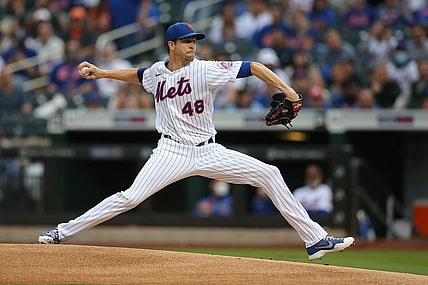 Jun 11, 2021; New York City, New York, USA; New York Mets starting pitcher Jacob deGrom (48) throws a pitch against the San Diego Padres during the first inning at Citi Field. Mandatory Credit: Brad Penner-USA TODAY Sports