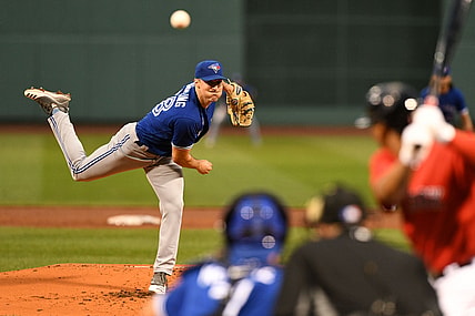 Jun 11, 2021; Boston, Massachusetts, USA; Toronto Blue Jays starting pitcher Ross Stripling (48) pitches against the Boston Red Sox during the first inning at Fenway Park. Mandatory Credit: Brian Fluharty-USA TODAY Sports