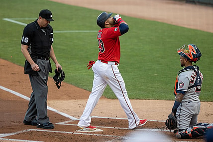 Jun 11, 2021; Minneapolis, Minnesota, USA; Minnesota Twins designated hitter Nelson Cruz (23) celebrates after hitting a solo home run during the first inning against the Houston Astros at Target Field. Mandatory Credit: Jordan Johnson-USA TODAY Sports