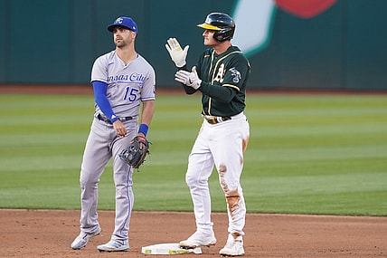 Jun 11, 2021; Oakland, California, USA; Oakland Athletics third baseman Matt Chapman (26) reacts after hitting an RBI double against the Kansas City Royals during the fourth inning at RingCentral Coliseum. Mandatory Credit: Cary Edmondson-USA TODAY Sports