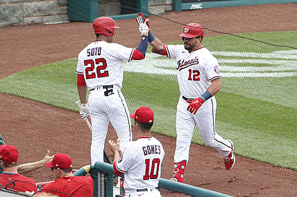 Jun 12, 2021; Washington, District of Columbia, USA; Washington Nationals left fielder Kyle Schwarber (12) celebrates with Nationals right fielder Juan Soto (22) after hitting a solo home run against the San Francisco Giants during the first inning at Nationals Park. Mandatory Credit: Amber Searls-USA TODAY Sports