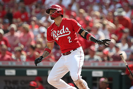 Jun 12, 2021; Cincinnati, Ohio, USA; Cincinnati Reds right fielder Nick Castellanos (2) watches his RBI double during the first inning against the Colorado Rockies at Great American Ball Park. Mandatory Credit: Jordan Prather-USA TODAY Sports