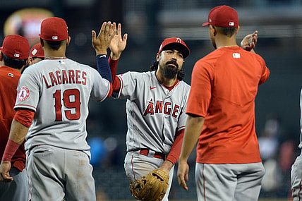 Jun 12, 2021; Phoenix, Arizona, USA; Los Angeles Angels third baseman Anthony Rendon (6) celebrates with teammates after defeating the Arizona Diamondbacks at Chase Field. Mandatory Credit: Joe Camporeale-USA TODAY Sports