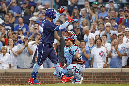 Jun 12, 2021; Chicago, Illinois, USA; Chicago Cubs left fielder Joc Pederson (24) celebrates after hitting a solo home run against the St. Louis Cardinals during the fourth inning at Wrigley Field. Mandatory Credit: Kamil Krzaczynski-USA TODAY Sports