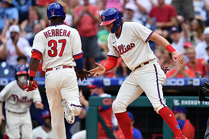 Jun 13, 2021; Philadelphia, Pennsylvania, USA; Philadelphia Phillies infielder Alec Bohm (28) celebrates as outfielder Odubel Herrera (37) crosses the plate to score in the second inning against the New York Yankees at Citizens Bank Park. Mandatory Credit: Kyle Ross-USA TODAY Sports