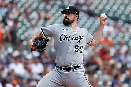Jun 13, 2021; Detroit, Michigan, USA; Chicago White Sox starting pitcher Carlos Rodon (55) pitches in the third inning against the Detroit Tigers at Comerica Park. Mandatory Credit: Rick Osentoski-USA TODAY Sports