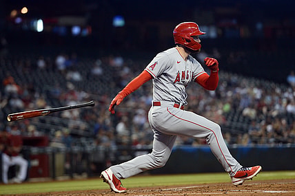 Jun 13, 2021; Phoenix, Arizona, USA; Los Angeles Angels first baseman Jared Walsh (20) hits an RBI double against the Arizona Diamondbacks during the second inning at Chase Field. Mandatory Credit: Joe Camporeale-USA TODAY Sports