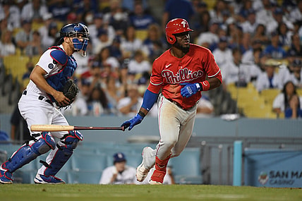 Jun 16, 2021; Los Angeles, California, USA; Philadelphia Phillies center fielder Odubel Herrera (37) hits a ground ball against the Los Angeles Dodgers during the fifth inning at Dodger Stadium. Mandatory Credit: Richard Mackson-USA TODAY Sports