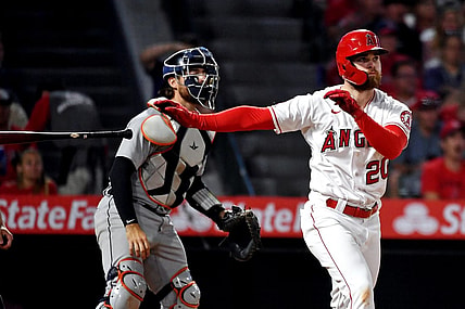 Jun 18, 2021; Anaheim, California, USA; Los Angeles Angels first baseman Jared Walsh (20) hits a two run home run during the fifth inningagainst the Detroit Tigers at Angel Stadium. Mandatory Credit: Richard Mackson-USA TODAY Sports