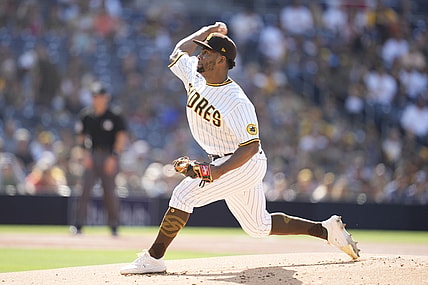 Jun 19, 2021; San Diego, California, USA;  San Diego Padres relief pitcher Miguel Diaz (37) pitching against the Cincinnati Reds during the first inning at Petco Park.  Mandatory Credit: Ray Acevedo-USA TODAY Sports