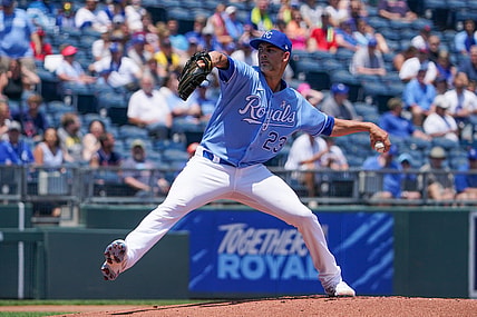 Jun 20, 2021; Kansas City, Missouri, USA; Kansas City Royals starting pitcher Mike Minor (23) delivers a pitch during the first inning against the Boston Red Sox at Kauffman Stadium. Mandatory Credit: Denny Medley-USA TODAY Sports