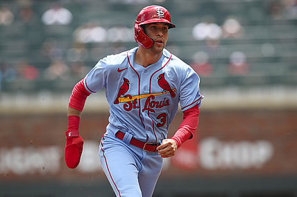 Jun 20, 2021; Atlanta, Georgia, USA; St. Louis Cardinals left fielder Dylan Carlson (3) runs to third against the Atlanta Braves in the third inning at Truist Park. Mandatory Credit: Brett Davis-USA TODAY Sports