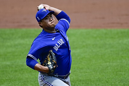Jun 20, 2021; Baltimore, Maryland, USA; Toronto Blue Jays starting pitcher Hyun Jin Ryu (99) throws a pitch during the fourth inning against the Baltimore Orioles  at Oriole Park at Camden Yards. Mandatory Credit: Tommy Gilligan-USA TODAY Sports