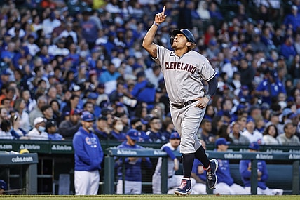 Jun 21, 2021; Chicago, Illinois, USA; Cleveland Indians left fielder Josh Naylor (22) rounds the bases after hitting a two-run home run against the Chicago Cubs during the fifth inning at Wrigley Field. Mandatory Credit: Kamil Krzaczynski-USA TODAY Sports