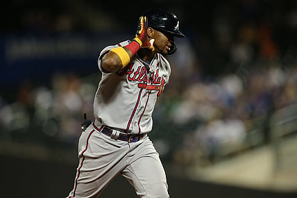 Jun 21, 2021; New York City, New York, USA; Atlanta Braves right fielder Ronald Acuna Jr. (13) gestures as he rounds the bases after hitting a solo home run against the New York Mets during the fifth inning at Citi Field. Mandatory Credit: Brad Penner-USA TODAY Sports