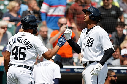 Jun 23, 2021; Detroit, Michigan, USA;  Detroit Tigers first baseman Jonathan Schoop (7) receives congratulations from third baseman Jeimer Candelario (46) after he hits a home run in the fifth inning against the St. Louis Cardinals at Comerica Park. Mandatory Credit: Rick Osentoski-USA TODAY Sports