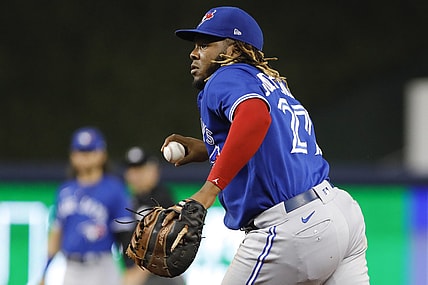 Jun 23, 2021; Miami, Florida, USA; Toronto Blue Jays designated hitter Vladimir Guerrero Jr. (27) plays his position against the Miami Marlins during the first inning at loanDepot Park. Mandatory Credit: Sam Navarro-USA TODAY Sports