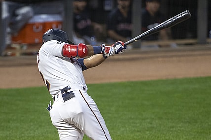 Jun 25, 2021; Minneapolis, Minnesota, USA; Minnesota Twins left fielder Luis Arraez (2) hits a two-run double in the sixth inning against the Cleveland Indians at Target Field. Mandatory Credit: Jesse Johnson-USA TODAY Sports