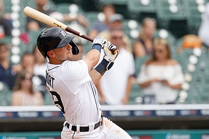 Jun 26, 2021; Detroit, Michigan, USA;  Detroit Tigers shortstop Zack Short (59) hits a two run home run in the fifth inning against the Houston Astros at Comerica Park. Mandatory Credit: Rick Osentoski-USA TODAY Sports