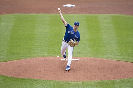 Jun 27, 2021; Buffalo, New York, CAN; Toronto Blue Jays pitcher Ross Stripling (48) delivers a pitch during the first inning against the Baltimore Orioles at Sahlen Field. Mandatory Credit: Gregory Fisher-USA TODAY Sports