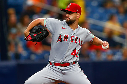 Jun 27, 2021; St. Petersburg, Florida, USA;  Los Angeles Angels starting pitcher Patrick Sandoval (43) throws a pitch in the first inning  against the Tampa Bay Rays at Tropicana Field. Mandatory Credit: Nathan Ray Seebeck-USA TODAY Sports