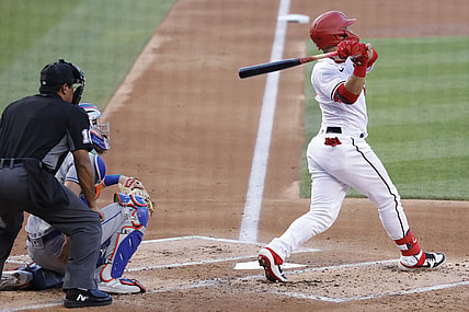Jun 28, 2021; Washington, District of Columbia, USA; Washington Nationals center fielder Gerardo Parra (88) hits a solo home run against the New York Mets in the second inning at Nationals Park. Mandatory Credit: Geoff Burke-USA TODAY Sports