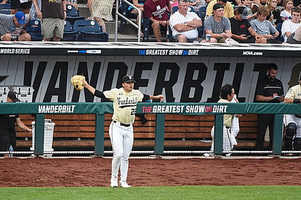 Jun 28, 2021; Omaha, Nebraska, USA;  Vanderbilt Commodores starting pitcher Jack Leiter (22) warms up before taking the field before the fourth inning against the Mississippi St. Bulldogs at TD Ameritrade Park. Mandatory Credit: Steven Branscombe-USA TODAY Sports