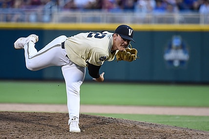 Jun 28, 2021; Omaha, Nebraska, USA;  Vanderbilt Commodores starting pitcher Jack Leiter (22) pitches in the fifth inning against the Mississippi St. Bulldogs at TD Ameritrade Park. Mandatory Credit: Steven Branscombe-USA TODAY Sports
