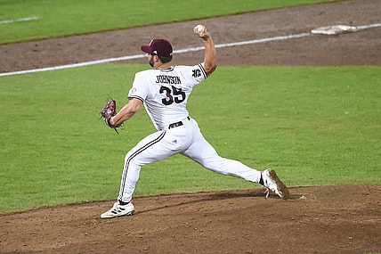 Jun 29, 2021; Omaha, Nebraska, USA;  Mississippi St. Bulldogs pitcher Preston Johnson (35) pitches in the fifth inning against the Vanderbilt Commodores at TD Ameritrade Park. Mandatory Credit: Steven Branscombe-USA TODAY Sports