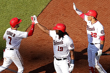 Jun 30, 2021; Washington, District of Columbia, USA; Washington Nationals shortstop Trea Turner (7) celebrates with Nationals first baseman Josh Bell (19) and Nationals left fielder Juan Soto (22) after hitting a home run against the Tampa Bay Rays in the fourth inning at Nationals Park. Mandatory Credit: Geoff Burke-USA TODAY Sports
