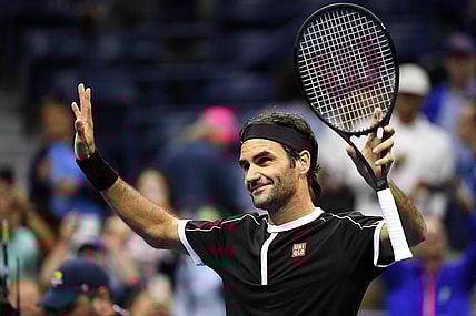 Aug 26, 2019; Flushing, NY, USA; Roger Federer of Switzerland waves to the crowd after his win over Sumit Nagal of India in the first round on day one of the 2019 U.S. Open tennis tournament at USTA Billie Jean King National Tennis Center. Mandatory Credit: Danielle Parhizkaran-USA TODAY Sports
