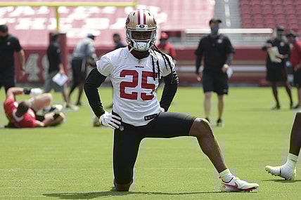 Sep 2, 2020; Santa Clara, CA, USA; San Francisco 49ers cornerback Richard Sherman (25) stretches during training camp at Levi   s Stadium. Mandatory Credit: San Francisco 49ers/Pool Photo via USA TODAY Network