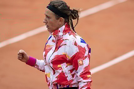 Sep 27, 2020; Paris, France; Victoria Azarenka (BLR) reacts during her match against Danka Kovinic (MNE) on day one of the 2020 French Open at Stade Roland Garros. Mandatory Credit: Susan Mullane-USA TODAY Sports