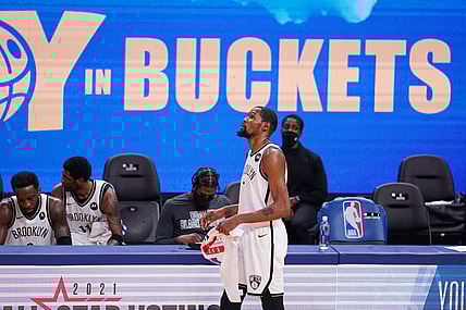 Feb 13, 2021; San Francisco, California, USA; Brooklyn Nets forward Kevin Durant (7) walks in front of the team bench during a timeout against the Golden State Warriors in the fourth quarter at the Chase Center. Mandatory Credit: Cary Edmondson-USA TODAY Sports