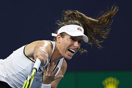 Mar 27, 2021; Miami, Florida, USA; Johanna Konta of Great Britain serves against Petra Kvitova of Czech Republic (not pictured) in the third round in the Miami Open at Hard Rock Stadium. Mandatory Credit: Geoff Burke-USA TODAY Sports