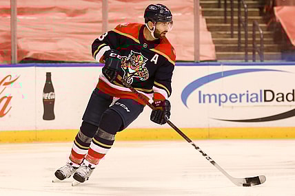 Apr 3, 2021; Sunrise, Florida, USA; Florida Panthers defenseman Keith Yandle (3) skates with the puck against the Columbus Blue Jackets during the first period at BB&T Center. Mandatory Credit: Sam Navarro-USA TODAY Sports