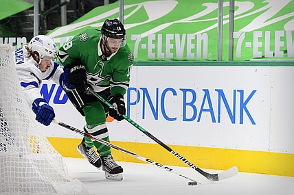 Mar 25, 2021; Dallas, Texas, USA; Dallas Stars center Jason Dickinson (18) in action during the game between the Dallas Stars and the Tampa Bay Lightning at the American Airlines Center. Mandatory Credit: Jerome Miron-USA TODAY Sports
