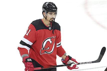 Apr 13, 2021; Newark, New Jersey, USA; New Jersey Devils defenseman Jonas Siegenthaler (71) skates during warm ups before a game against the New York Rangers at Prudential Center. Mandatory Credit: Vincent Carchietta-USA TODAY Sports