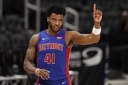 May 9, 2021; Detroit, Michigan, USA; Detroit Pistons forward Saddiq Bey (41) puts one finger up during the second quarter against the Chicago Bulls at Little Caesars Arena. Mandatory Credit: Raj Mehta-USA TODAY Sports