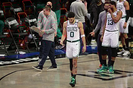 Jun 1, 2021; Brooklyn, New York, USA; Boston Celtics small forward Jayson Tatum (0) reacts during a timeout late during the fourth quarter of game five of the first round of the 2021 NBA Playoffs against the Brooklyn Nets at Barclays Center. Mandatory Credit: Brad Penner-USA TODAY Sports