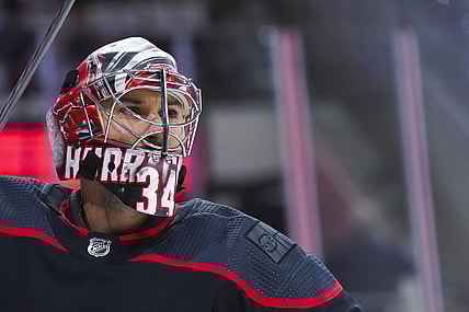 Jun 1, 2021; Raleigh, North Carolina, USA; Carolina Hurricanes goaltender Petr Mrazek (34) looks on before the game against the Tampa Bay Lightning in game two of the second round of the 2021 Stanley Cup Playoffs at PNC Arena. Mandatory Credit: James Guillory-USA TODAY Sports