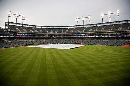 Rain delay at a Tigers game against Seattle Mariners at Comerica Park in Detroit, Tuesday, June 8, 2021.
