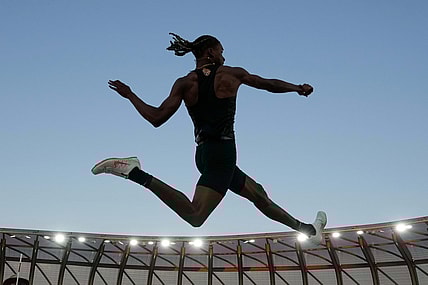 Jun 27, 2021; Eugene, OR, USA;  JuVaughn Harrison wins the long jump at 27-9 1/2 (8.47m) during the US Olympic Team Trials at Hayward Field. Mandatory Credit: Kirby Lee-USA TODAY Sports
