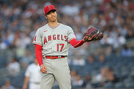 Jun 30, 2021; Bronx, New York, USA; Los Angeles Angels starting pitcher Shohei Ohtani (17) reacts during the first inning against the New York Yankees at Yankee Stadium. Mandatory Credit: Brad Penner-USA TODAY Sports