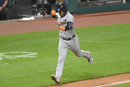 Jun 30, 2021; Cleveland, Ohio, USA; Detroit Tigers catcher Eric Haase (13) celebrates his solo home run during the fourth inning against the Cleveland Indians at Progressive Field. Mandatory Credit: David Richard-USA TODAY Sports