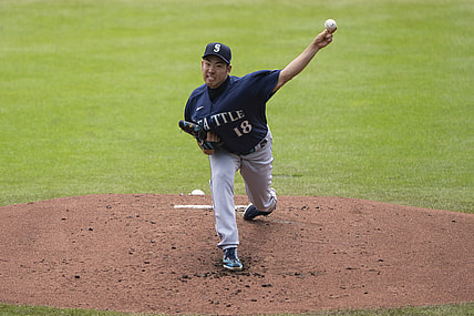 Jul 1, 2021; Buffalo, New York, CAN; Seattle Mariners pitcher Yusei Kikuchi (18) delivers a pitch during the first inning against the Toronto Blue Jays at Sahlen Field. Mandatory Credit: Gregory Fisher-USA TODAY Sports