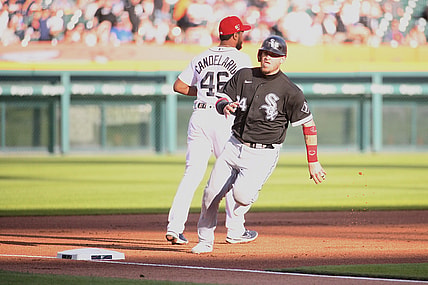 Jul 2, 2021; Detroit, Michigan, USA; Chicago White Sox catcher Yasmani Grandal (24) rounds third base and scores a run during the first inning against the Detroit Tigers at Comerica Park. Mandatory Credit: Tim Fuller-USA TODAY Sports